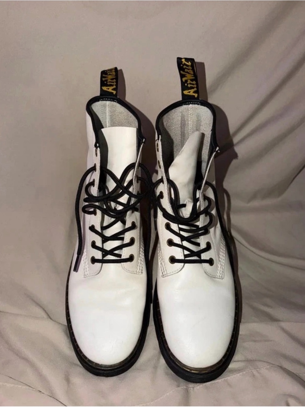 Dr. Martens White Leather Combat Boots with Black Trim
